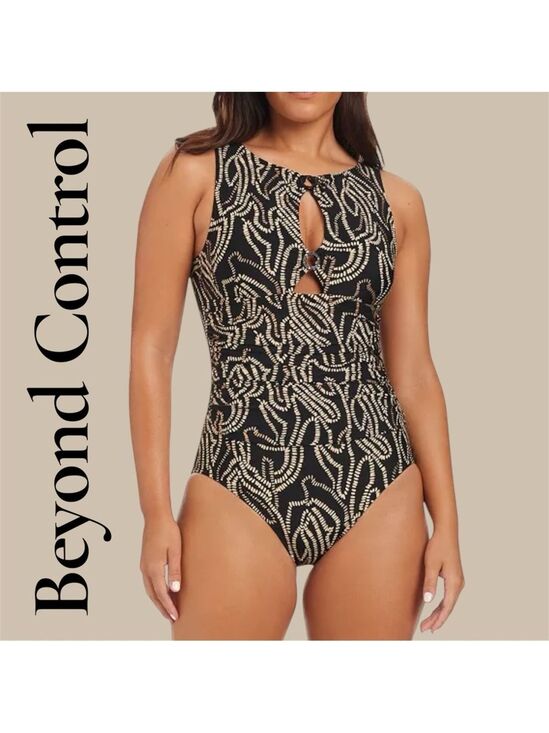 Beyond Control Swimwear Other - Beyond Control Black Tummy Control Swimsuit w/Tan Chain Print. Size 14. EUC!